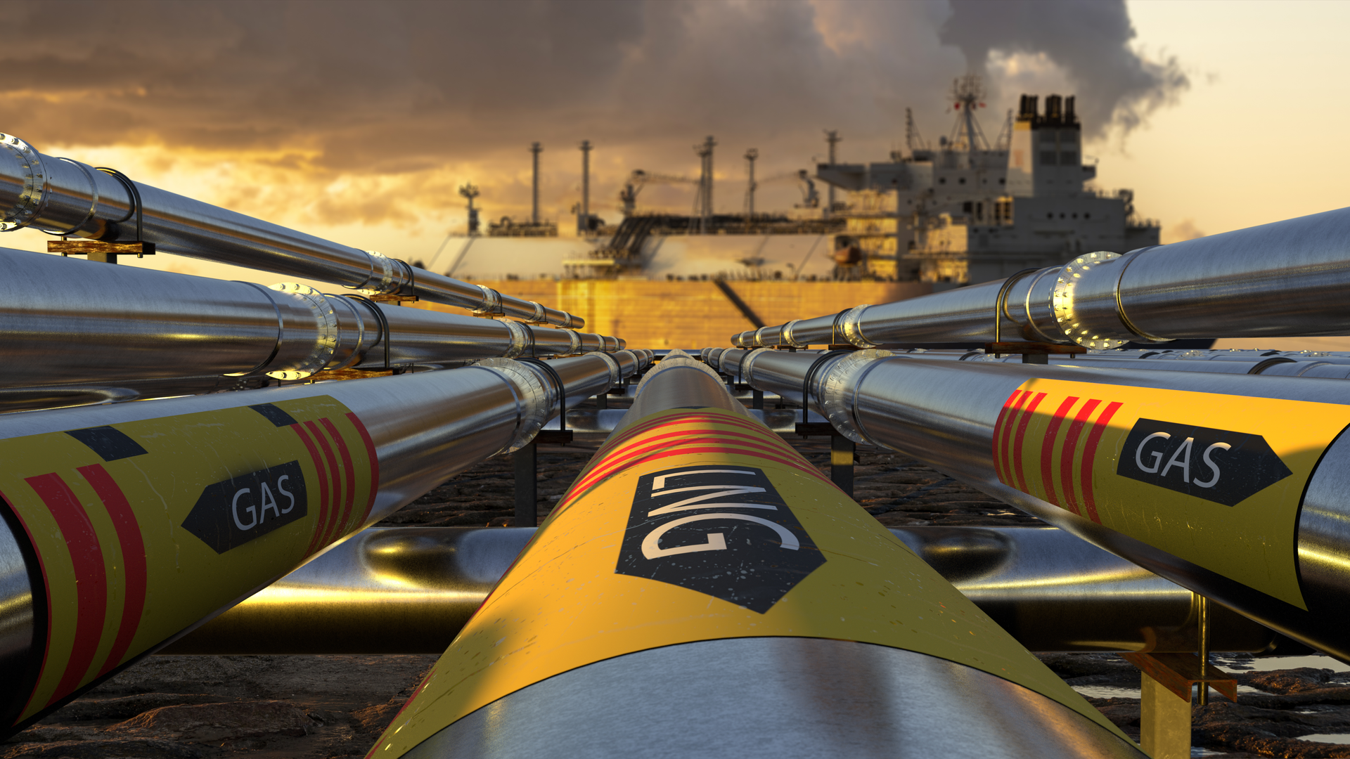 Pipelines leading to an LNG tanker. 